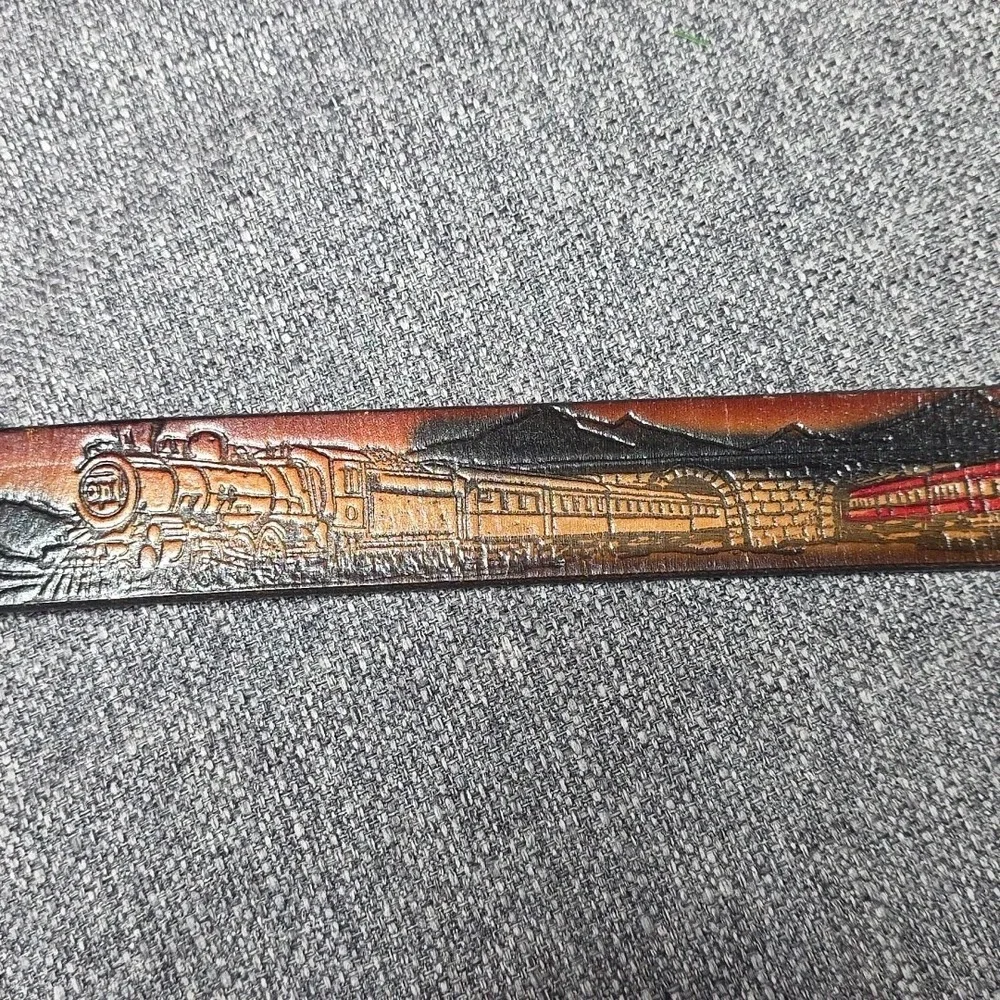 Vtg Train Western Tooled Leather Belt Mountain Buckle Steam Engines Tunnels